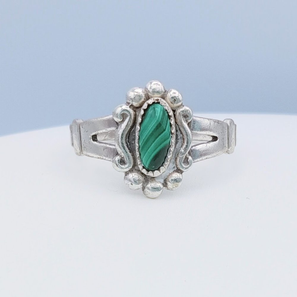 Vintage Navajo Sterling Silver Malachite Bell Trading Post Ring - SIGNED